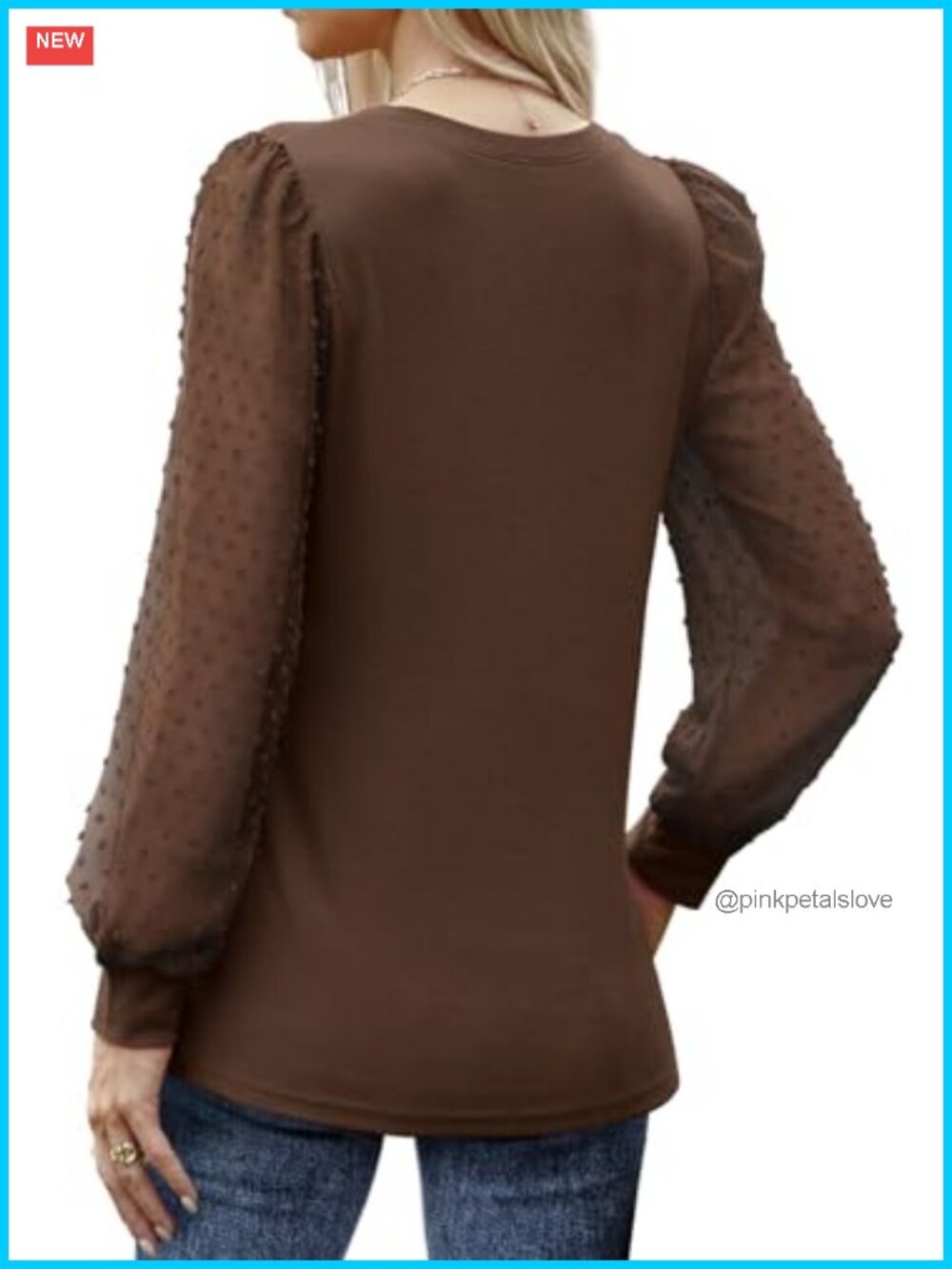 Women's Long Sleeve Tunic Top Puff Sleeve Swiss Dot Crew Neck Loose Fit - Picture 4 of 6